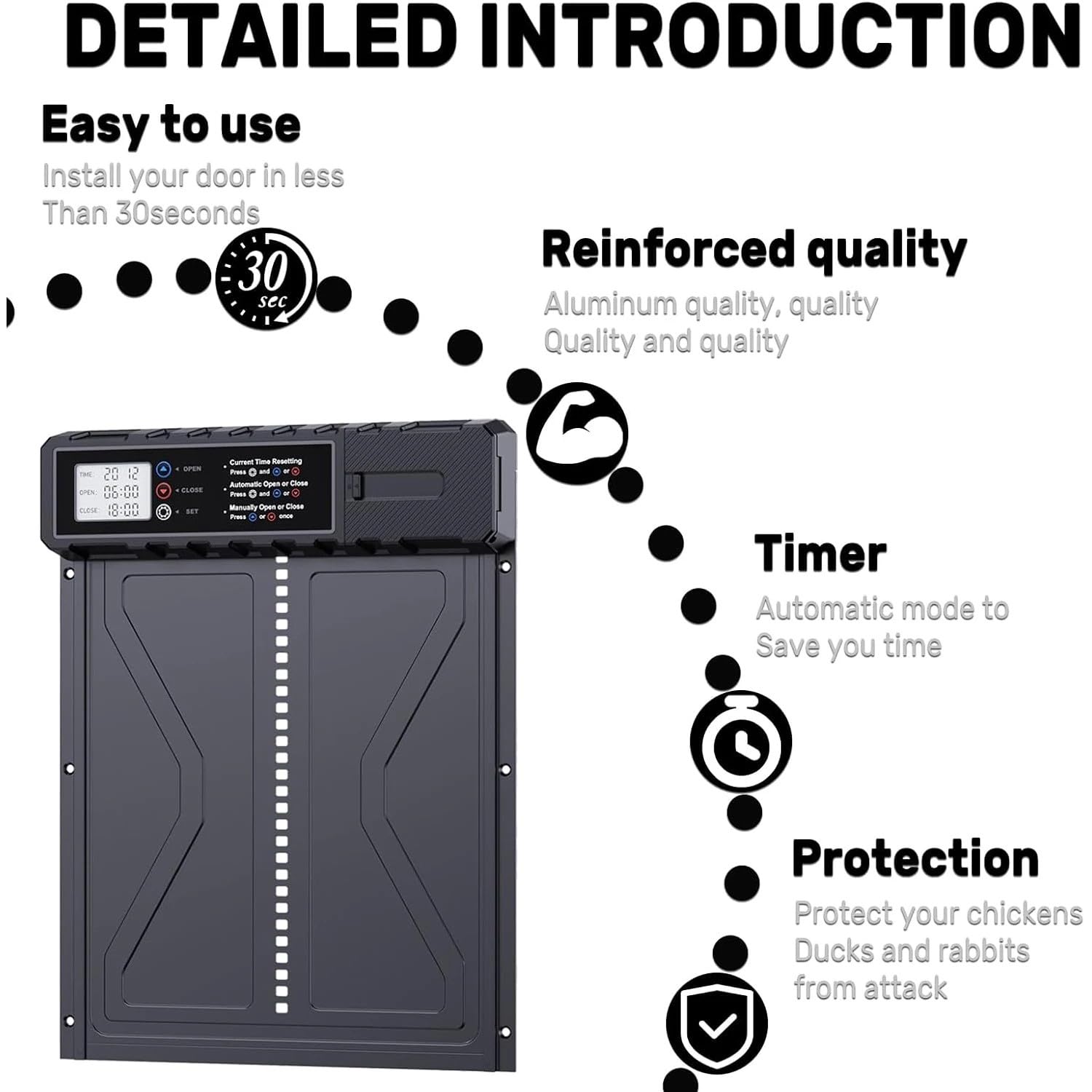 NEWFUN Puerta Gallinero Automatica, Aleación de Aluminio, Gallinero Automático con Pantalla Grande Resistente al Agua, Temporizador, Protección Inteligente contra Atrapamientos