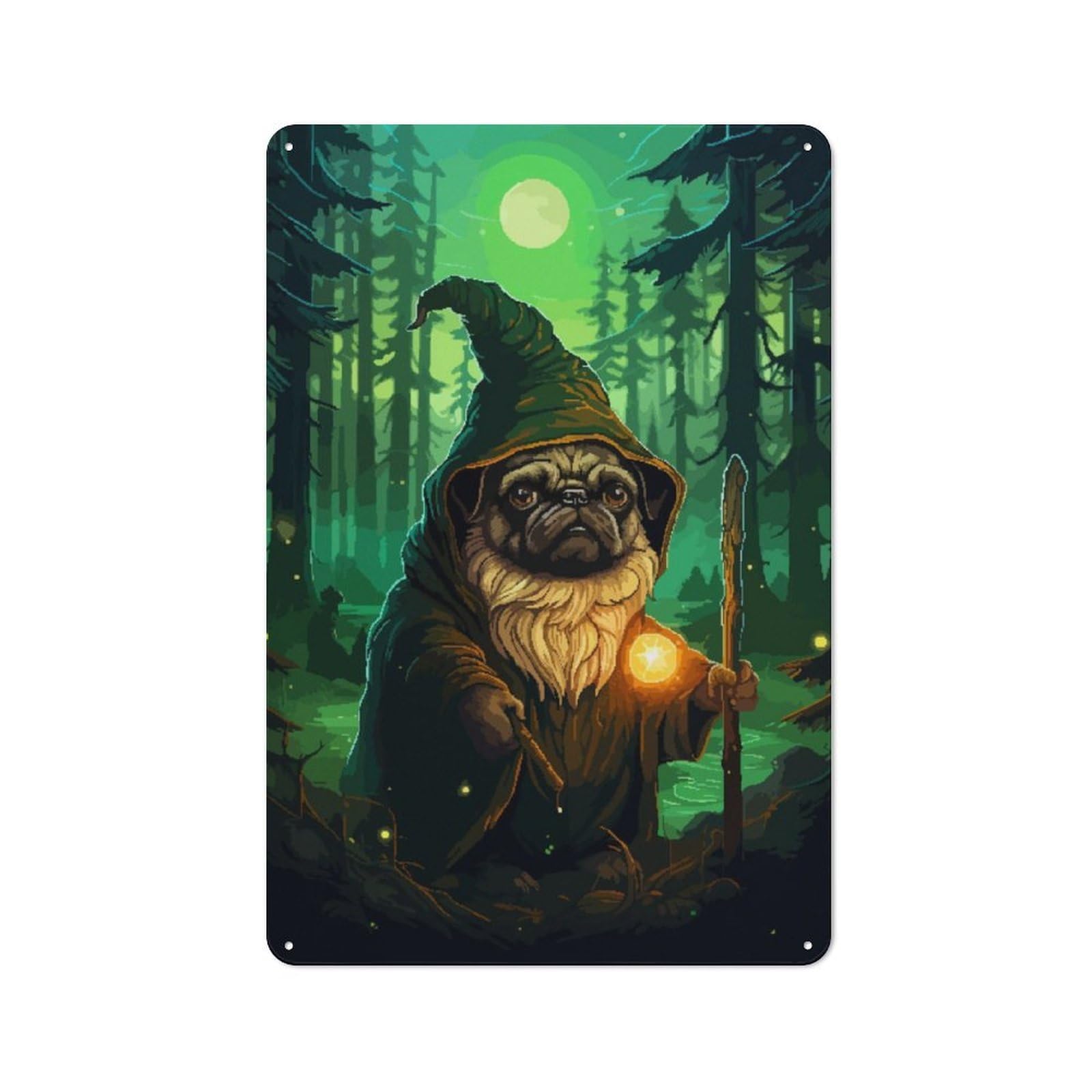 Junmoney Pug Wizard Forest Pixel Metal Sign 30X20cm With For Workshop Wall, Rustic Decor, For Garage, Workshop And Man Cave Decoration