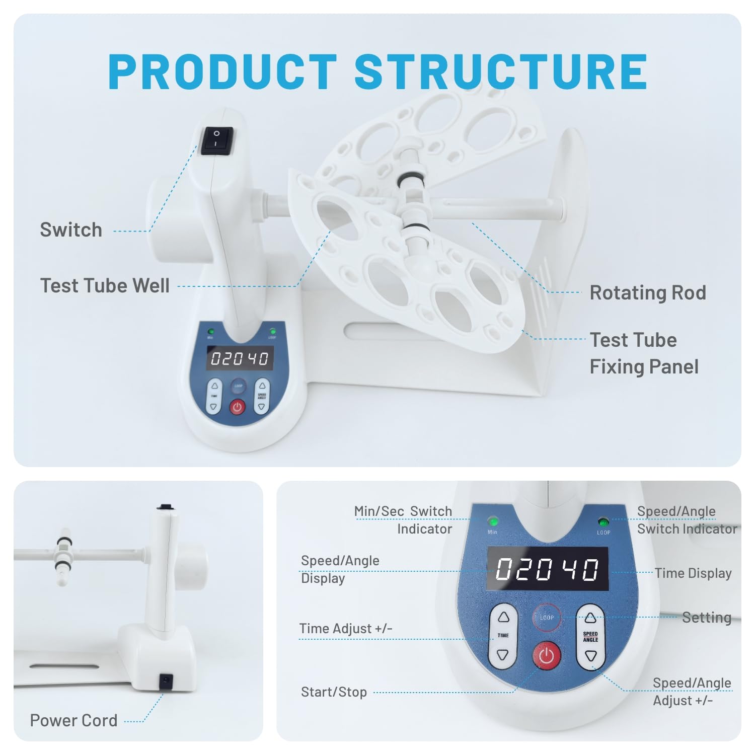 Mini tubo giratorio 3D de velocidad de 10-40 RPM para uso en laboratorio, gran capacidad para tubo centrífugo de 0.5/1.5/2/5/7/10/15/50 ml, tamaño pequeño para usar en refrigerador e