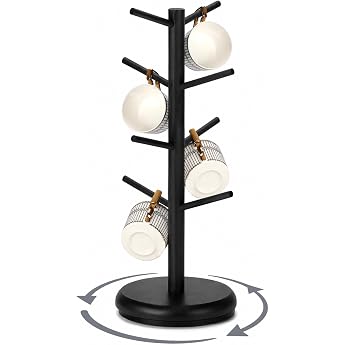 BAMBANG Cup Rack Made of Bamboo Metal Base Rotatable Large Cup Holder Wood with 8 Hooks Cup Tree Cup Shelf Organiser Hanging 