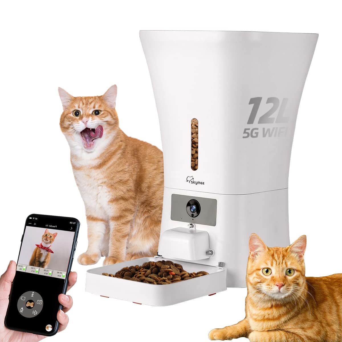 SKYMEE 12L 2.4G & 5G WiFi Pet Feeder Automatic Food Dispenser for Cats & Dogs-1080P Full HD Pet Camera Treat Dispenser with Night Vision and 2-Way Audio