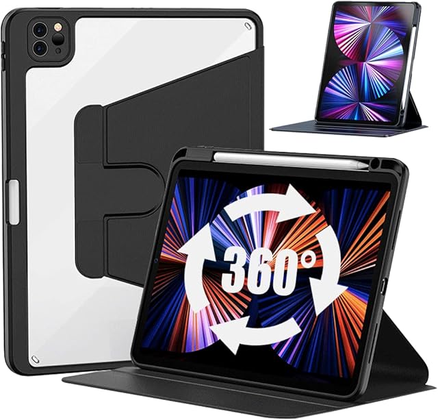 Zenrich Case for iPad Air 5th/4th Generation 2022/2020, iPad Pro 11 inch 2021/2020/2018, Thin Protective Case with Auto Sleep/Wake Cover Rotating Stand Pencil Charging Holder for Air 5/4 10.9, Black