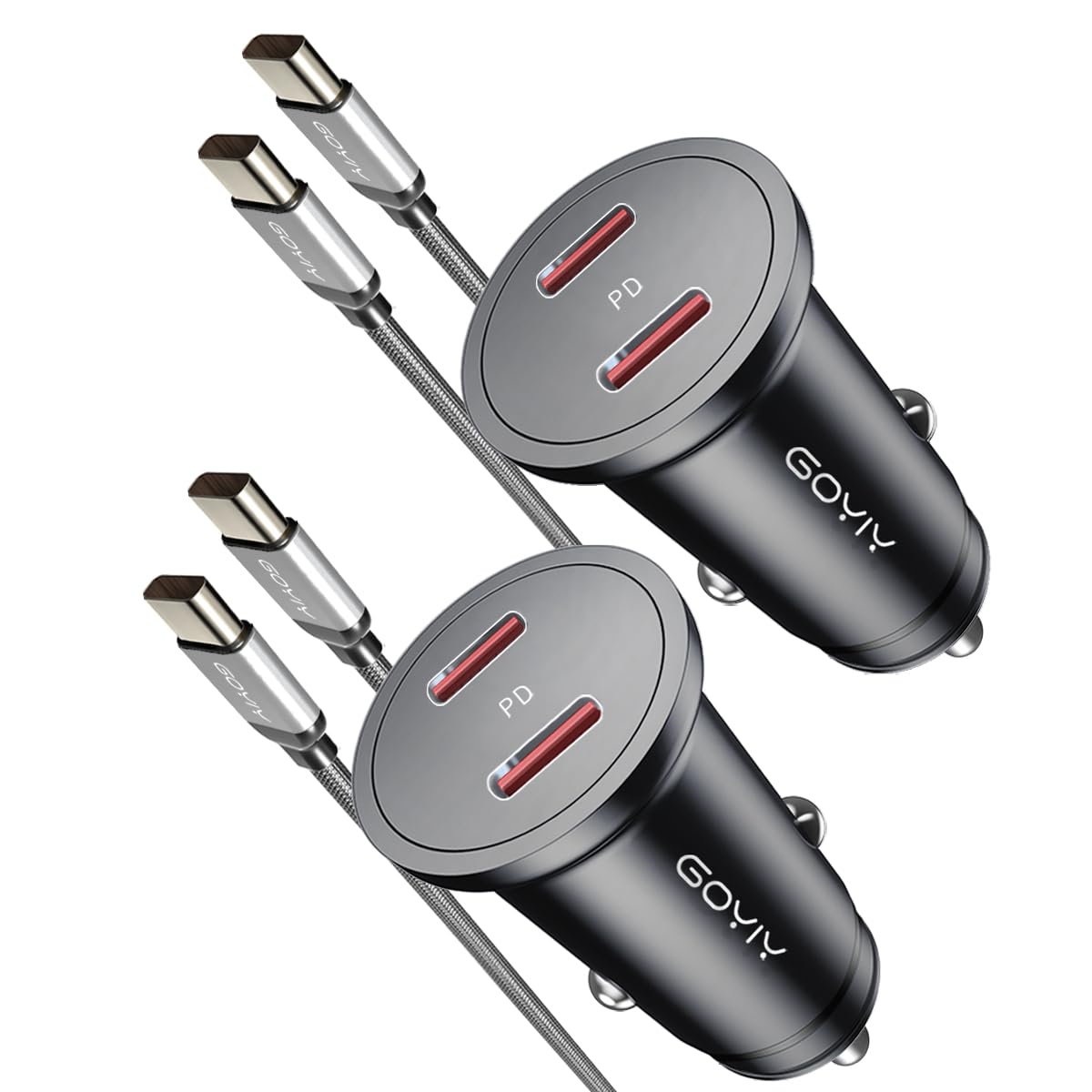 Cargador de coche USB C con cable USB C trenzado de 60 W, 3 pies, paquete de 2, mini encendedor de cigarrillos USB C de 60 W, doble PD3.0 compatible con iPhone 15, Galaxy, iPad Pro, MacBook Air,