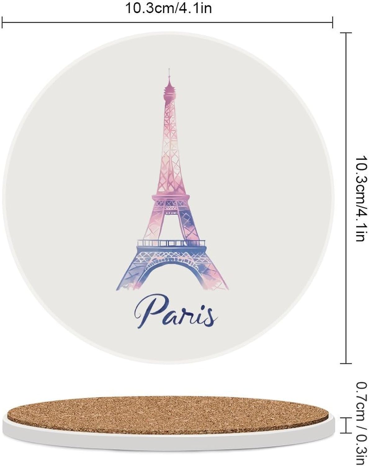 Watercolor Paris Tower Round Ceramic Coasters Print Drinks Absorbent with Cork Base for Home Decor Gifts 4 Inch