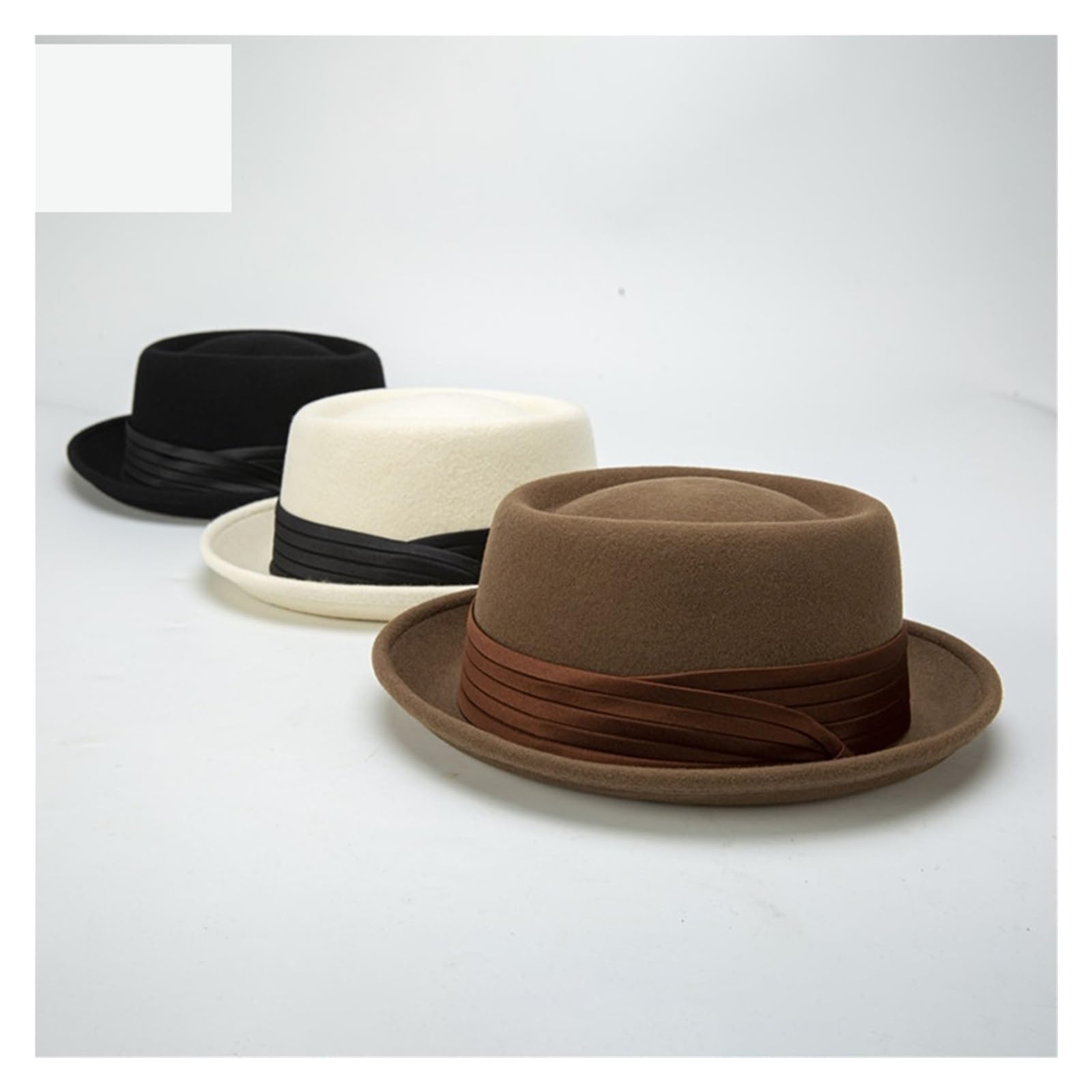 Sombrero Pork Pie de ala enrollada negro for hombre, sombrero Fedora lana blanca, gorra jazz invierno, caballeros Parte Superior Plana(Black,M 56 to 58cm)