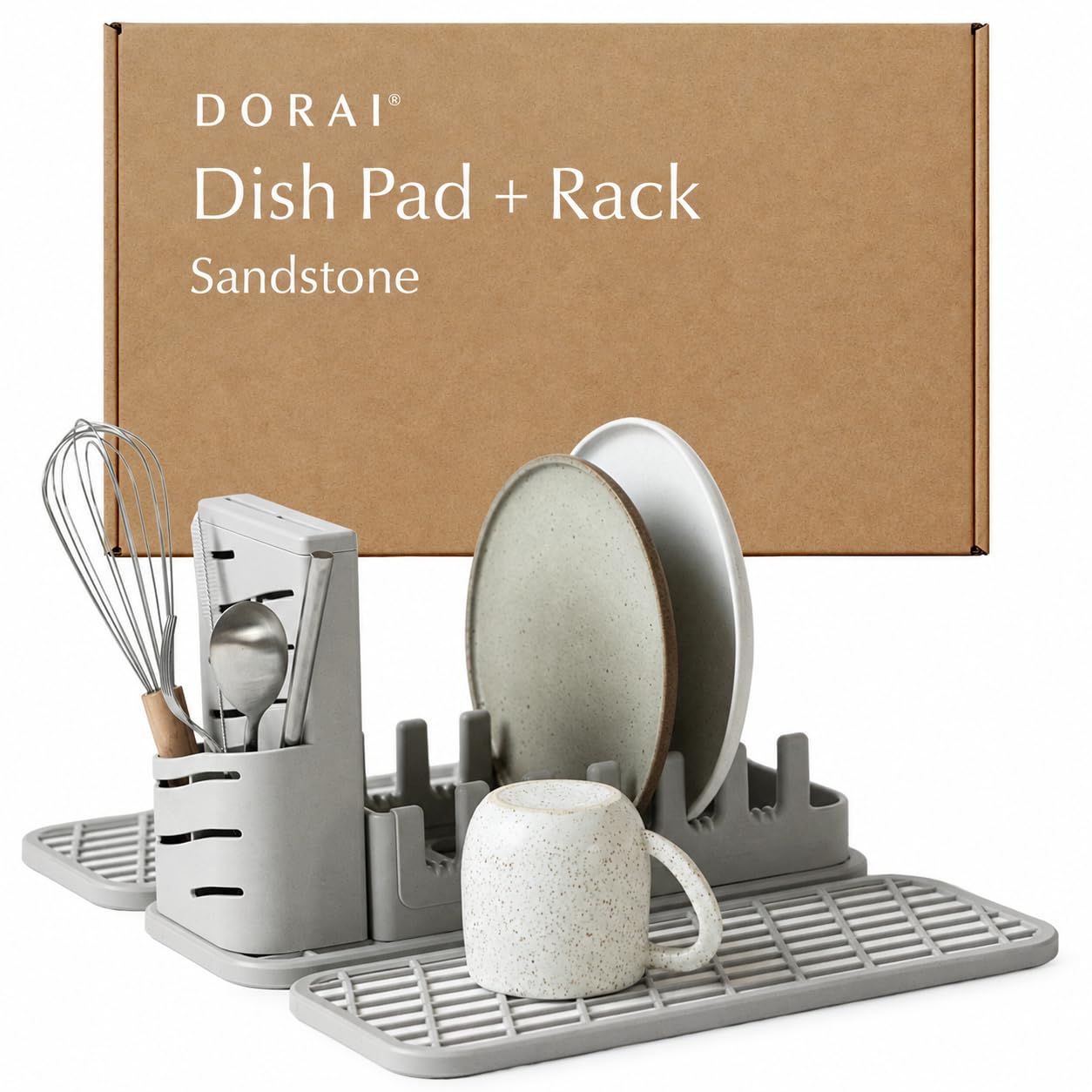 Dorai Home Collapsible Dish Drying Rack with Stone Dish Pad - Kitchen Counter Set with Diatomaceous Earth Stone Dish Mat for Quick Drying - Space-Saving Design - Original 19.9"x15.2", Sandstone