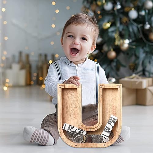 Miniatura 3 de weallbuy Hucha para niños personalizada de la A a la Z alcancía de madera transparente caja de dinero decoración creativa para cumpleaños Navidad y