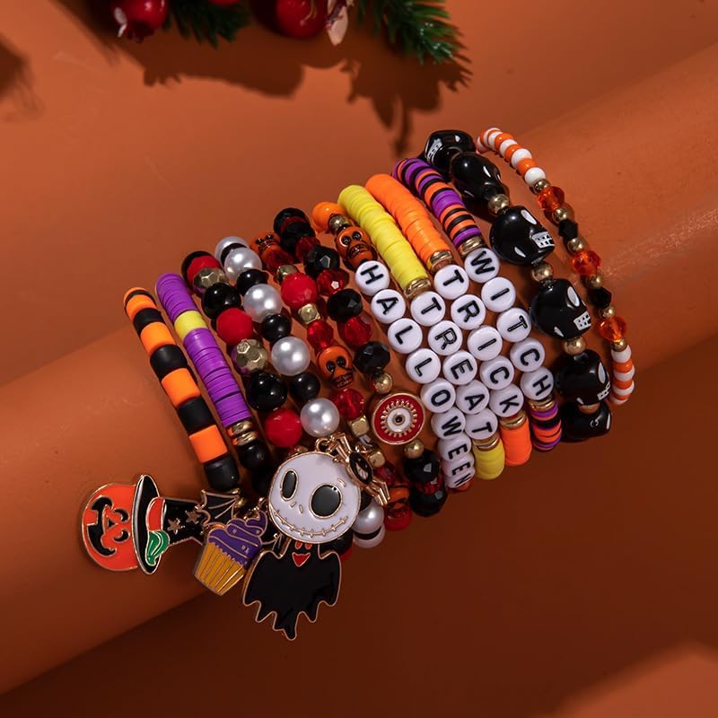 Halloween Bracelet Set For Women Cute Halloweens Stackable Crystal Stone Beaded Stretch Bracelet Halloween Party Accessories Jewelry Gift - Image 3
