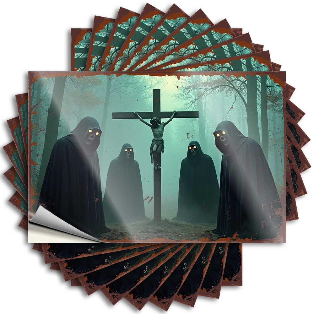 Dark Figures in A Misty Forest with Crucifix Aesthetic Decore for Room - Quote Window Removable Vinyl Decal(8X12CM)