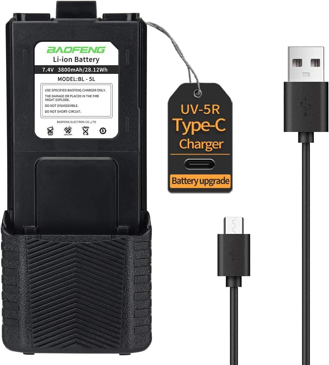 BAOFENG UV-5R Battery 3800mAh USB-C Charging Extended Battery for UV5R BF-8HP BaoFeng UV-5R Series Radios High Capacity Battery with Type-C Charging Cable