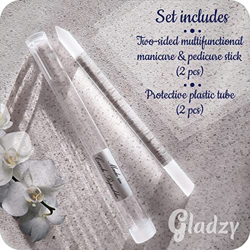 Glass Cuticle Pusher By Gladzy Set 2 Pieces- Manicure Stick Professional Nail Care, Precision Filing Cuticle Remover, Etched Surface Never Wears Out, Genuine Czech Quality #TOP6