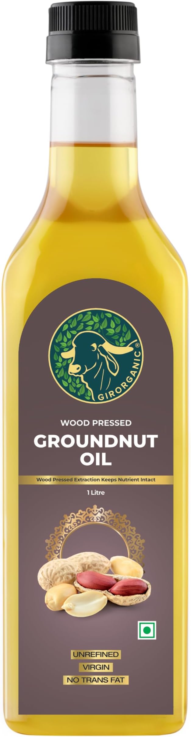 GirOrganic Ground Nut Oil 1 Litre | Cold Pressed Groundnut Oil | Kacchi Ghani Virgin Oil | Unrefined & Unfiltered | Natural Cooking Oil | Extracted Using Wood Press | PET Bottle