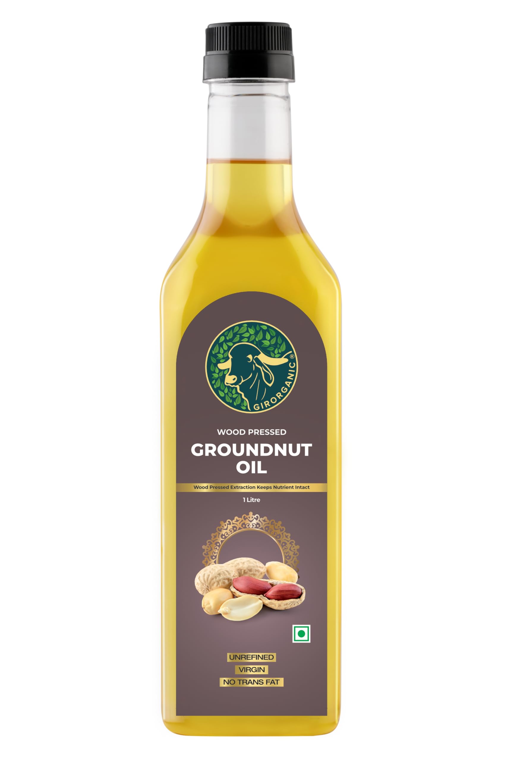 GirOrganic Wood Press Groundnut Oil | Kacchi Ghani | Virgin | Unrefined | Cold pressed |100% Natural cooking oil (1 L Plastic)
