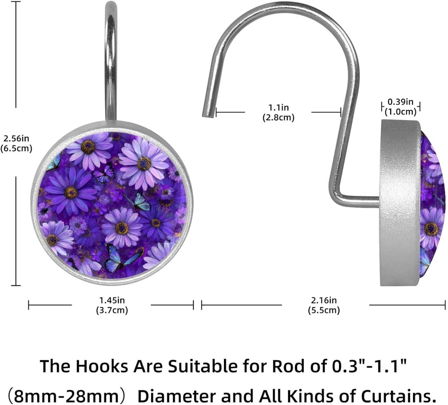 Set of 12 Shower Curtain Hooks, Shower Curtain Rings Crystal Glass Decorative Bathroom Hook, Daisy Butterflies Purple (2)