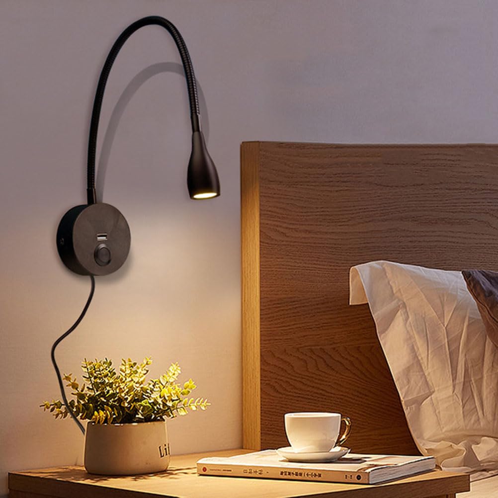 AoLa Lampka do czytania LED z przełącznikiem Kinkiet Elastyczna lampa na gęsiej szyi Obrotowe oświetlenie ścienne 3W z portem ładowania USB Lampka nocna z wtyczką i Lampka do czytania Naścienny