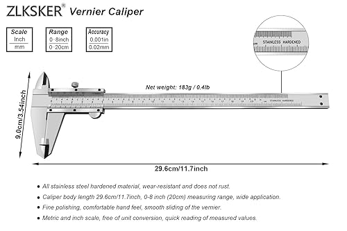 Miniatura 2 de ZLKSKER Calibre Vernier micrómetro de 8 pulgadas7.9 in, herramienta de medición de precisión de acero inoxidable (pulgadasmétrico), medición de