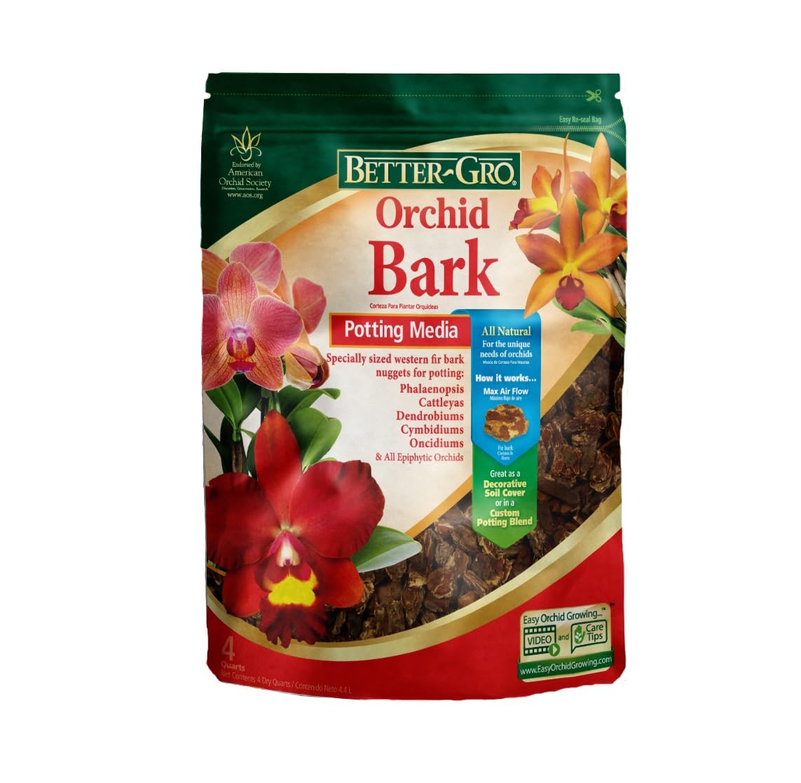 Better-Gro Orchid Bark - Premium Grade Orchid Potting Medium for Potting, Repotting, Root Development, and Water Retention, Ideal for Phalaenopsis, Epiphytic Orchids, and Tropical Plants - 4 Quarts