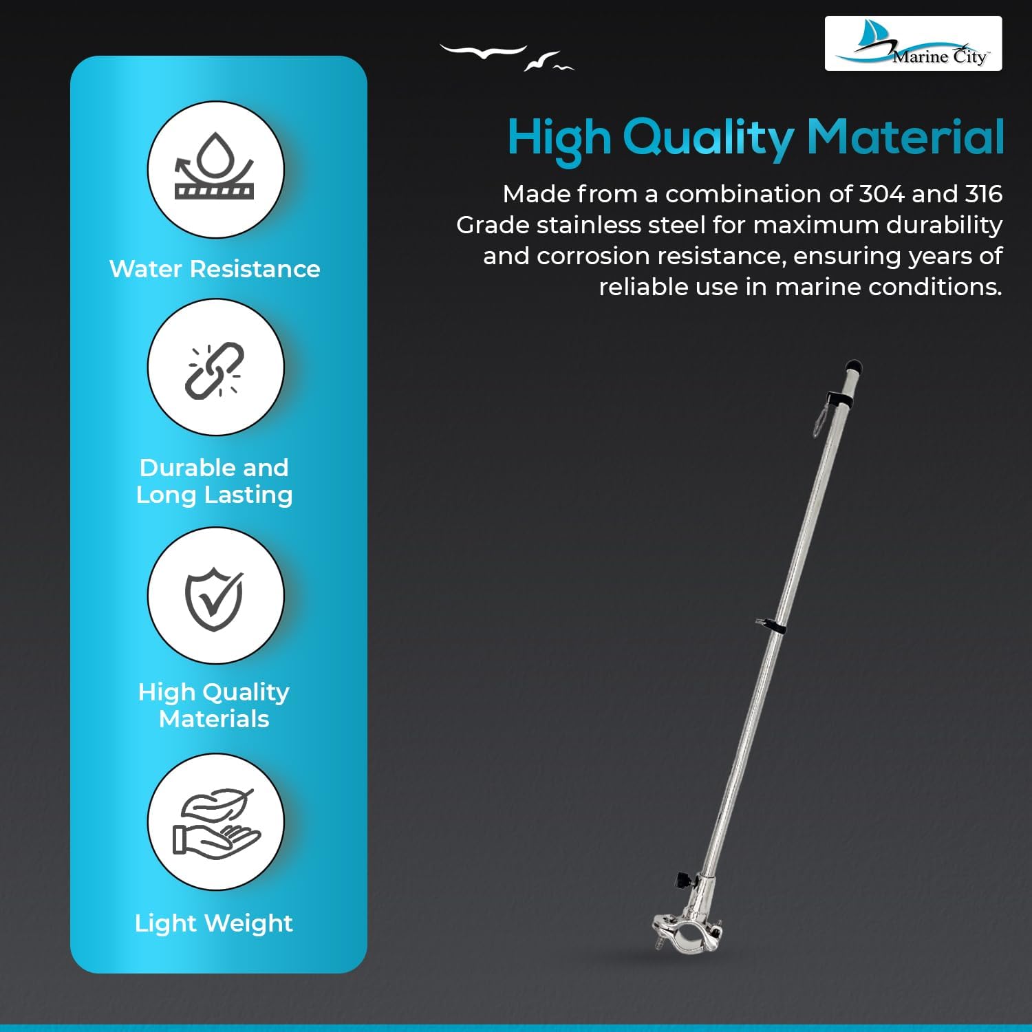 MARINE CITY Pipe-Clamp Flagpole 304/316 Grade Stainless Steel, 22.5-inch Length, Corrosion-Resistant, Perfect for Boats and Yachts