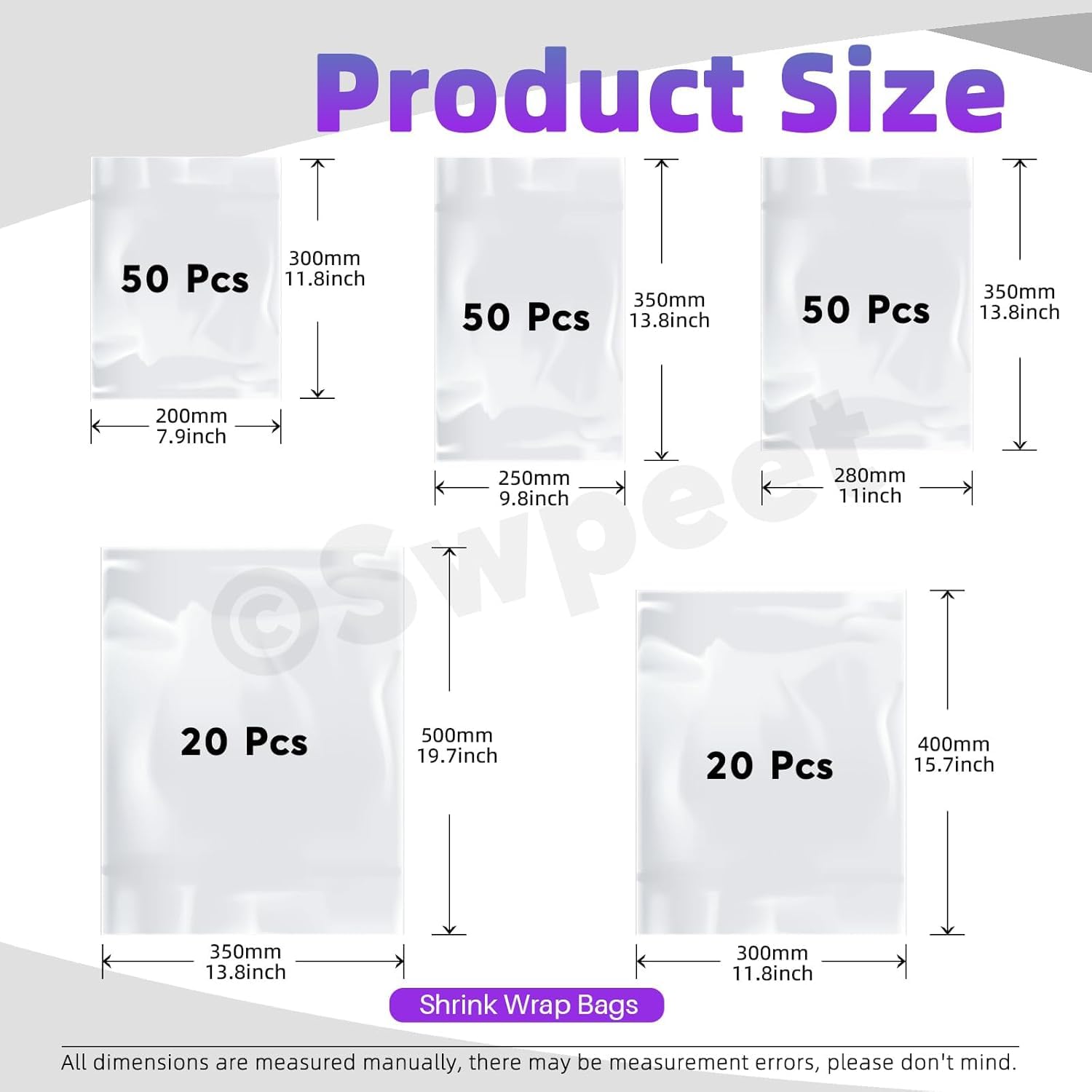 Sweet Lot de 190 sacs thermorétractables en PVC transparent - 5 tailles - 7,87pouces - 9,84pouces - Kit de bandes thermorétractables perforées pour bain