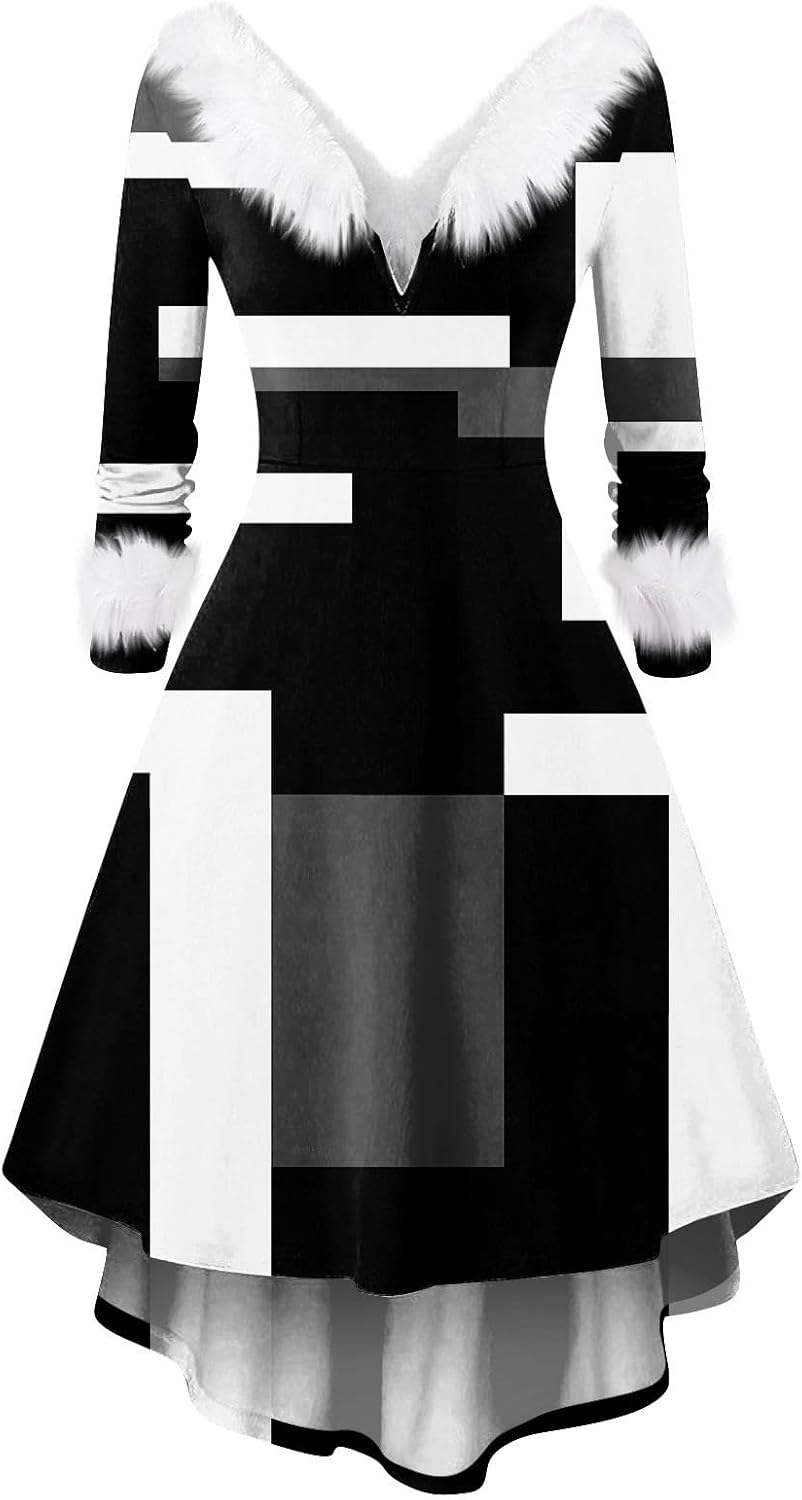 Women's White Dress VNeck Casual SlimFit Print Furry