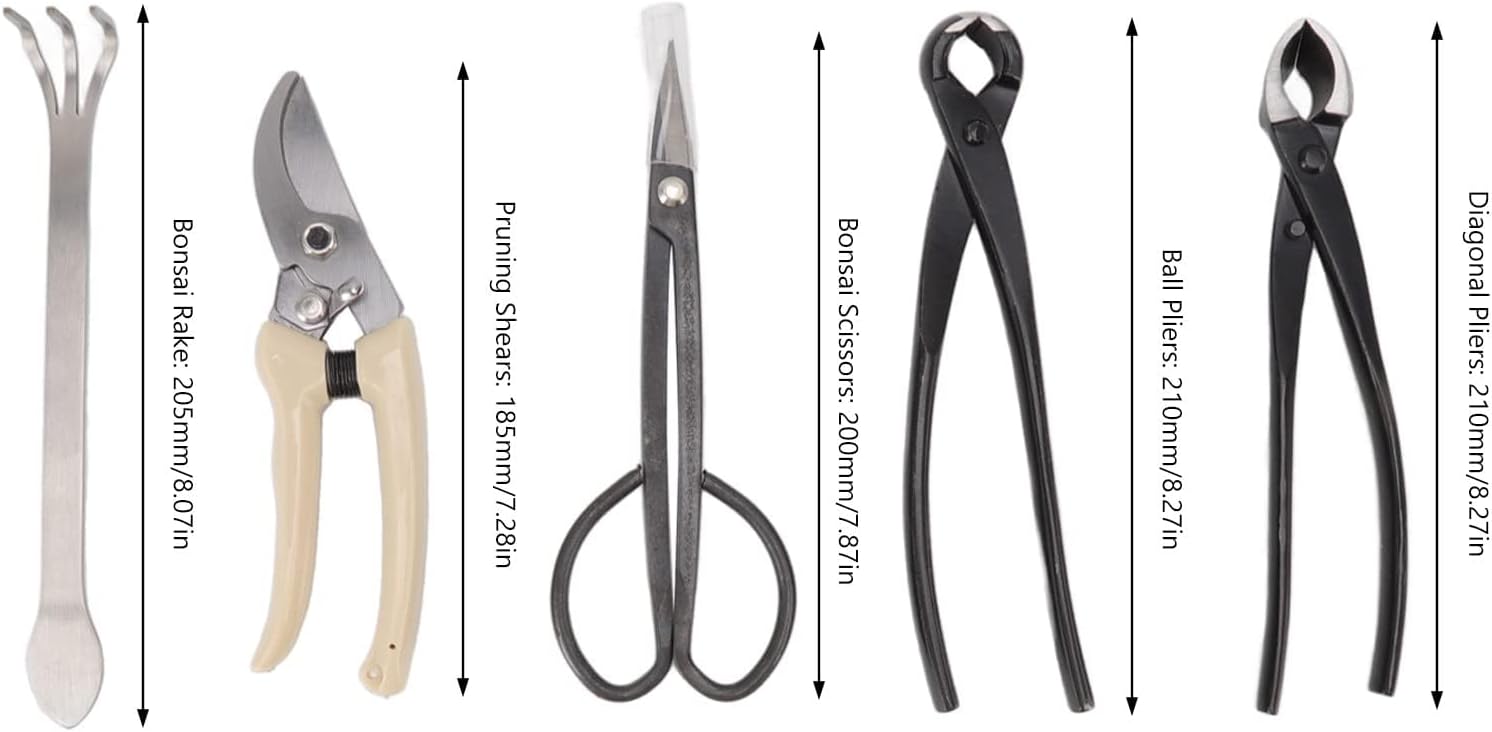 5Pcs Bonsai Tools Set, Carbon Steel Gardening Succulent Tools Set with Ergonomic Handle, Professional Bonsai Scissors Rake Branch Cutter Pruning Shears Pliers