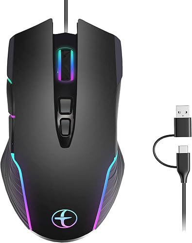 Dual USB-C/USB-A Interface Mouse, Wired Gaming Mouse with RGB Backlit, Moving Mouse Jiggler, 4 Adjustable DPI for MacBook, Chromebook, Windows, Computer or Laptops (Black)