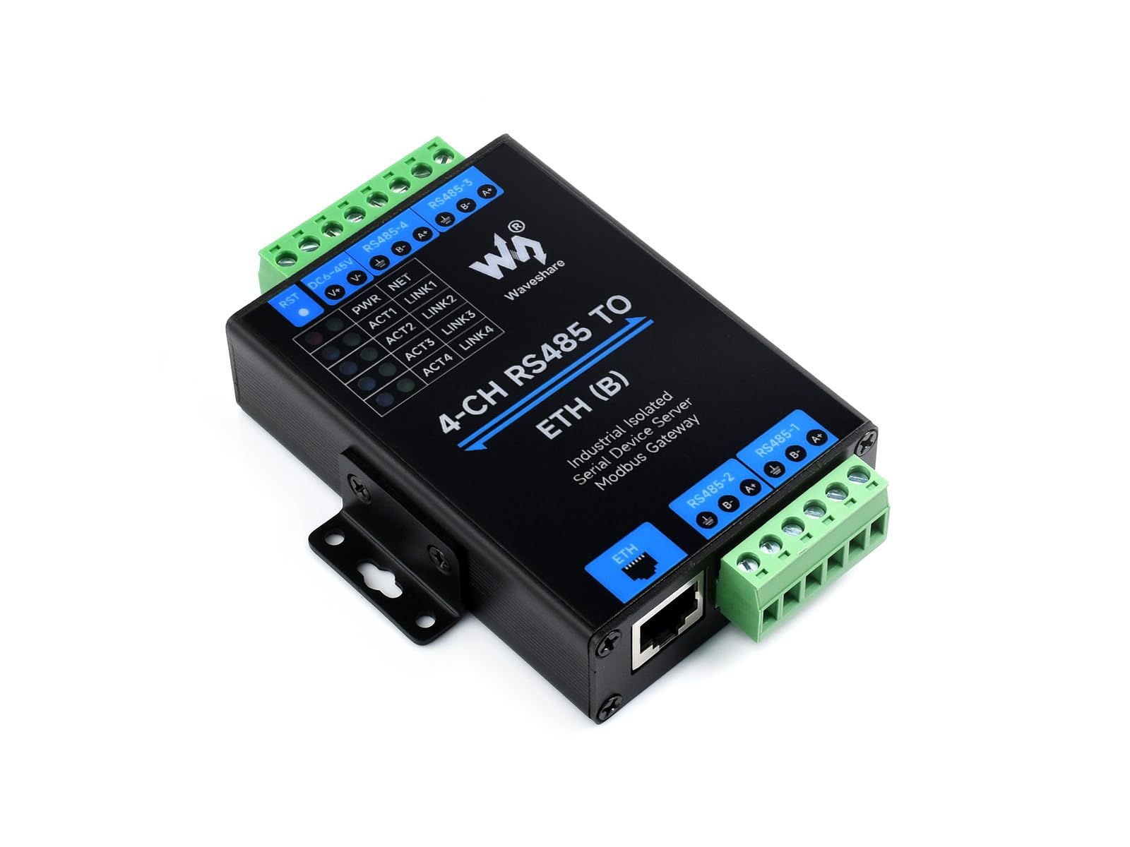 Waveshare 4-CH RS485 to RJ45 Ethernet Converter Module, Industrial Rail-Mount RS485 Serial Server, Modbus/MQTT/JSON Support,300~115200 BPS Baudrate,10 / 100M Auto-Negotiation RJ45 Connector