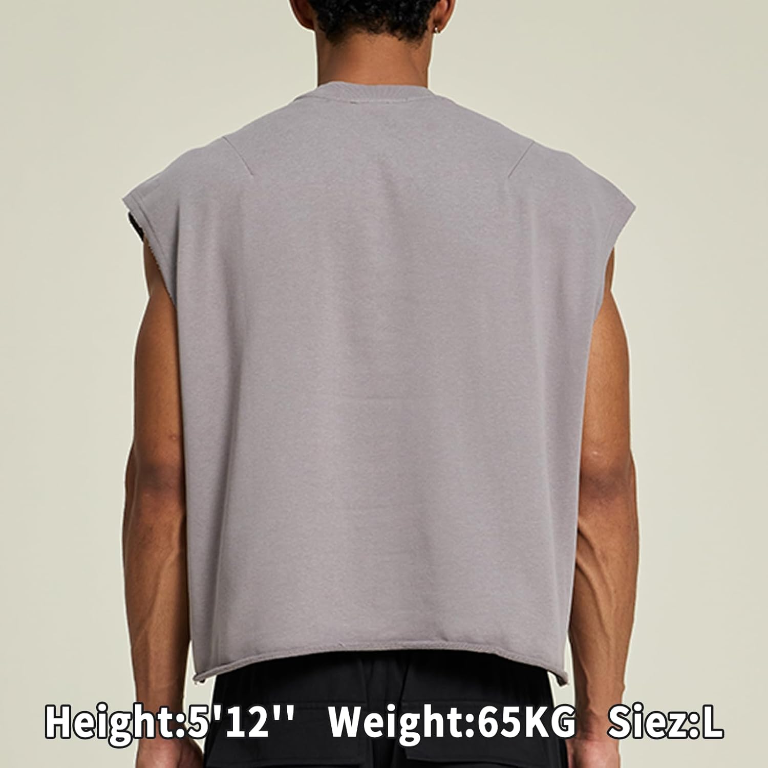 Men’s Cropped Boxy Sleeveless T-Shirt, Oversized Heavyweight French Terry Streetwear Muscle Tee with Raw Hem - Image 4