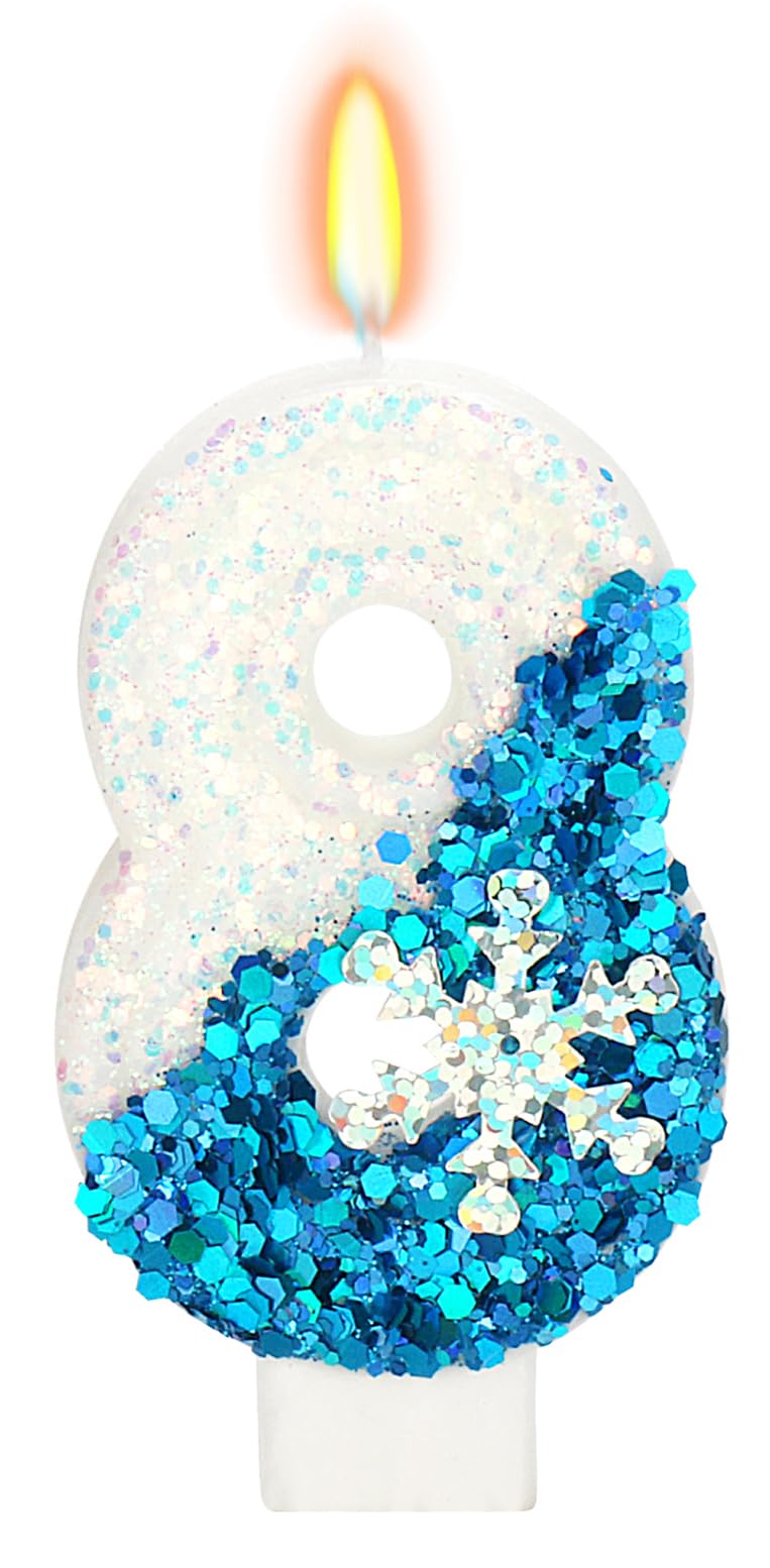 Snow Themed Birthday Candles, 8th Birthday Candle for Party Supplies, Winter Birthday Party Supplies, 2.76 inch Number 8 Cake Topper Decoration (