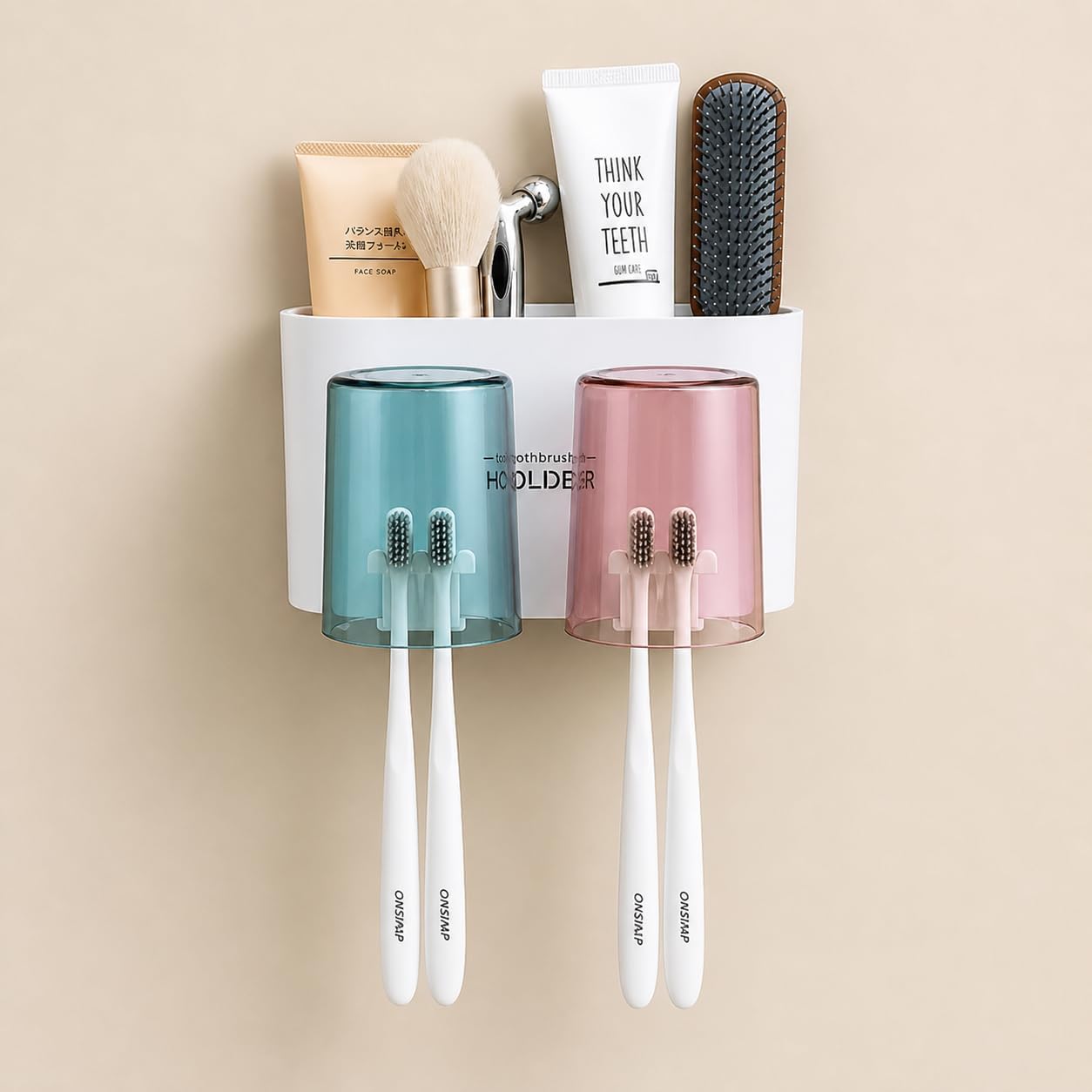 Cup Toothbrush Holder for Bathroom | Triple Tumbler Toothbrush & Toothpaste Organizer Stand | Durable Family Bathroom Storage for Wash Basin Countertop (2 Cup Holder)-image-23
