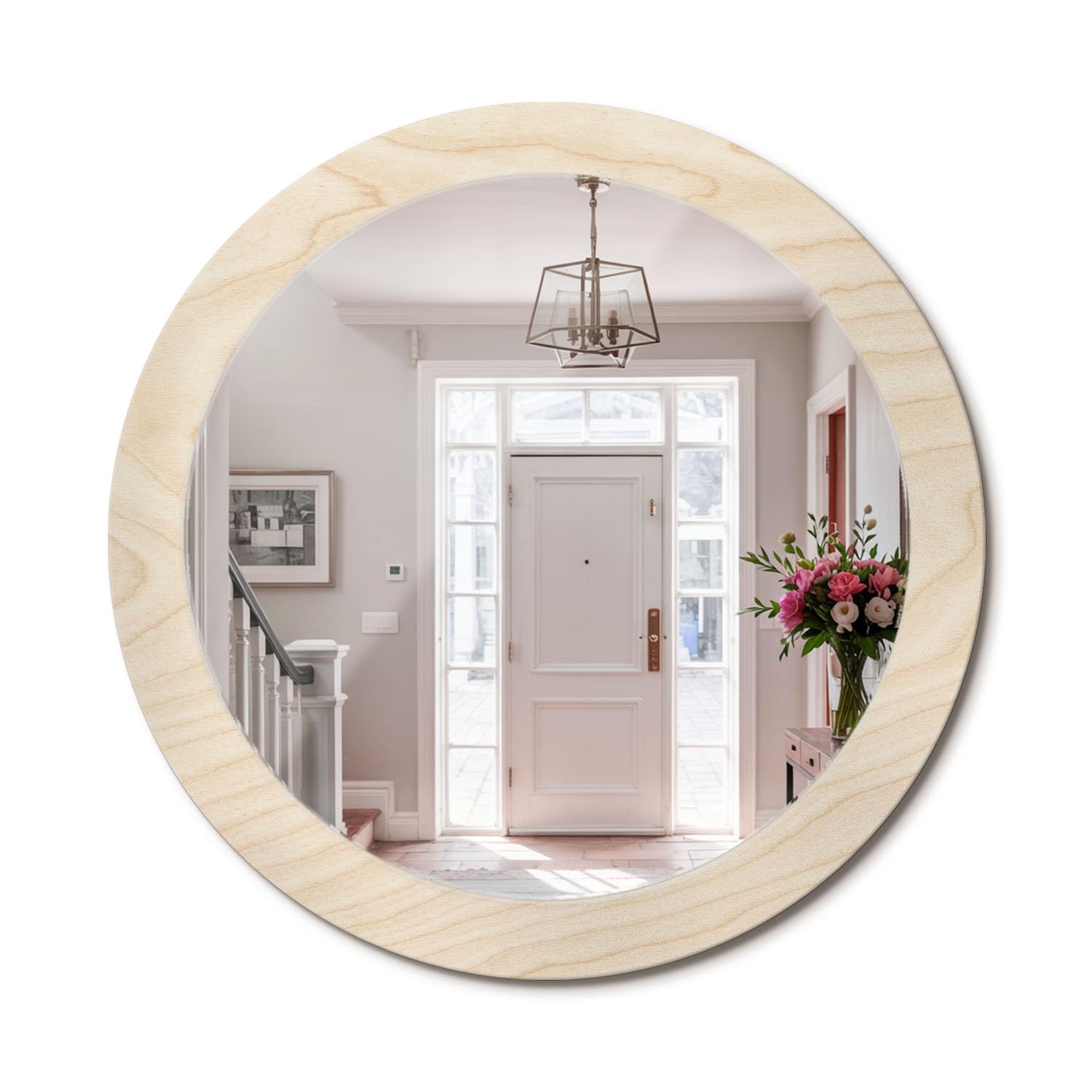 Miroir mural rond fi80 en bois clair avec cadre en verre imprimé artistique