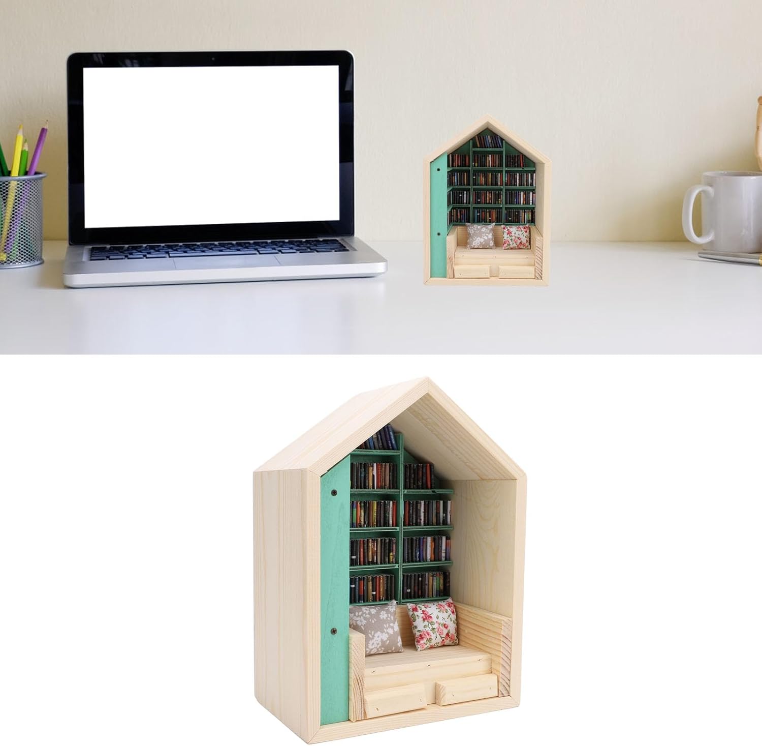 Bewinner Anxiety Relief Bookshelf Tiny House Ornament for Adults, Miniature Book Library Shake Away Your Anxiety, Book Box Display Case Home Decoration for Men Women Book Lovers