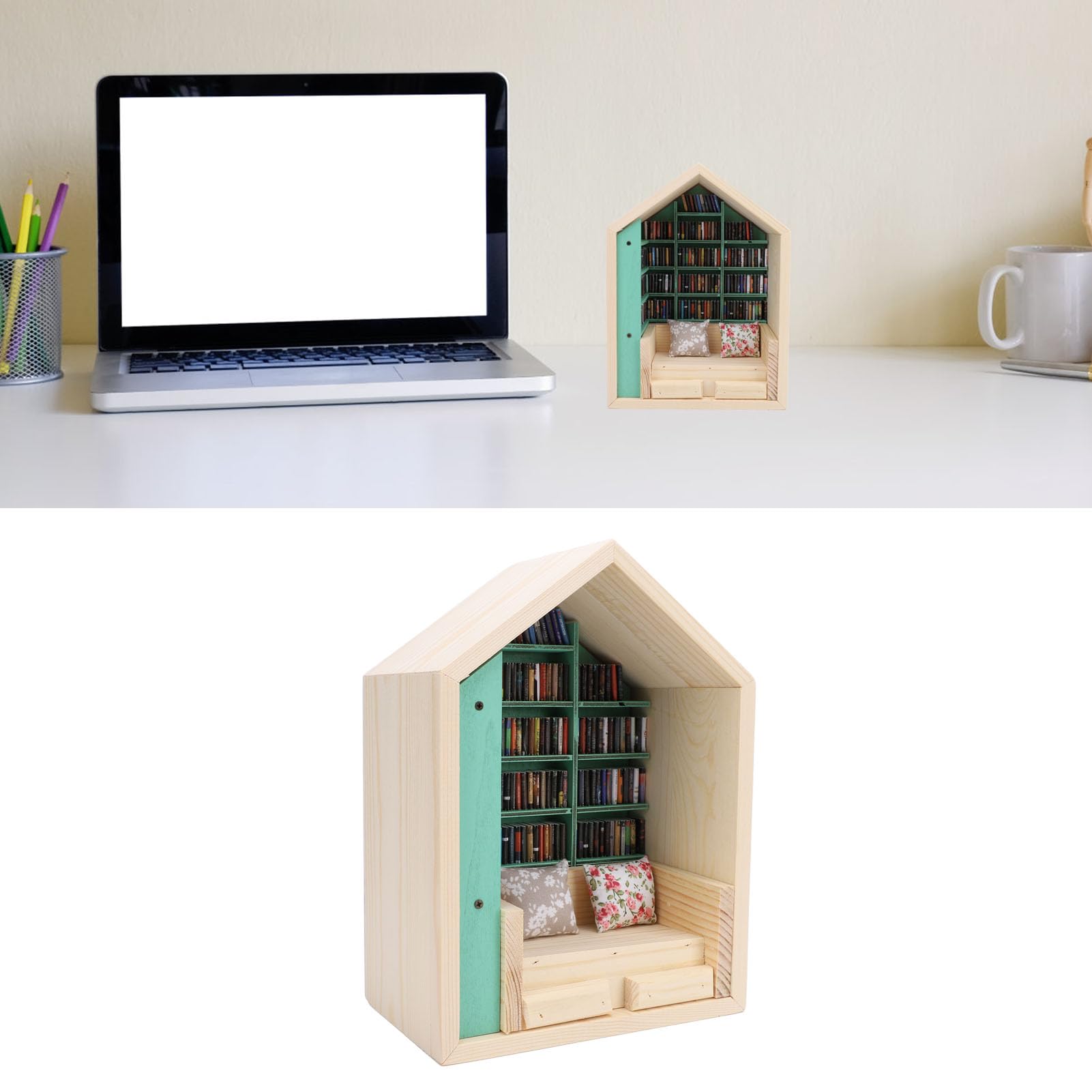 Mini Maison en Bois avec Bibliothèque, Kit de Mini Maison Décorative en Bois, Exquise et Mignonne, Longue Durée de Vie, pour Chambre, Bureau, Magasin