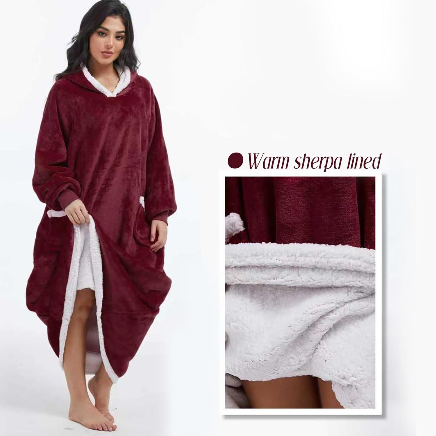 ForBaysy Oversized Wearable Blanket Long Hoodie for Adults Thick Sherpa Fleece Sweatshirt with Giant Pockets - Image 2