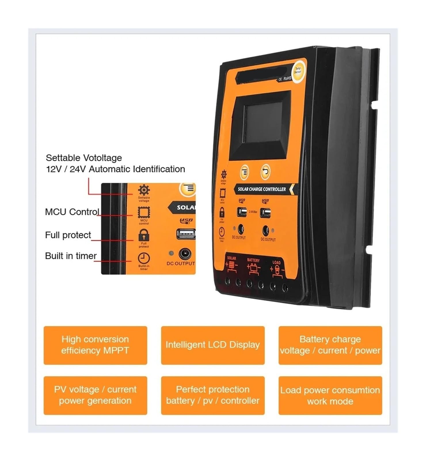 Regulator ładowania słonecznego Automatyczny regulator ładowania słonecznego 12 V do 24 V DC, regulator 30 A z podwójnym wyjściem USB, wyświetlacz LCD, wejście panelu słonecznego maks. 55 V