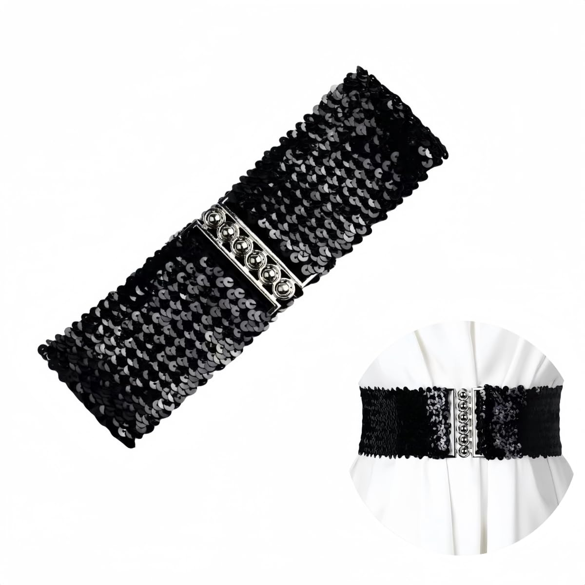 Samheng Women's Black Wide Sequin Belt Glitter Elastic Stretchy Waistband Cinch Belt Metal Buckle For 80S Costume Party Disco Party,