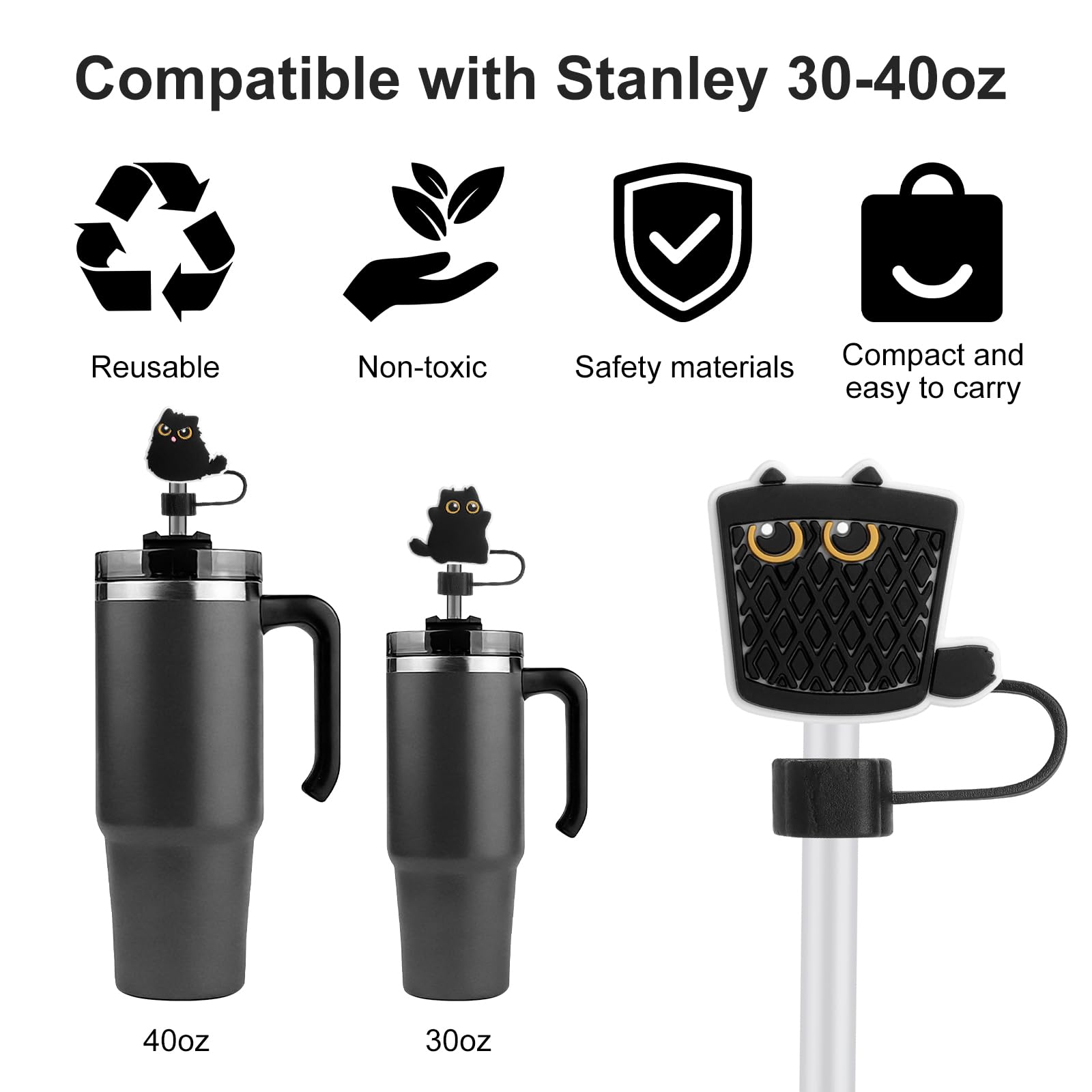 8 szt. Kapselka do słomy Stanley 10 mm, Ochrona do słomy Kompatybilna 9–10 mm, Akcesoria do kubka Stanley, Antypyłkowa, Wzór kota, Wielokrotnego użytku do butelki i użytku na zewnątrz