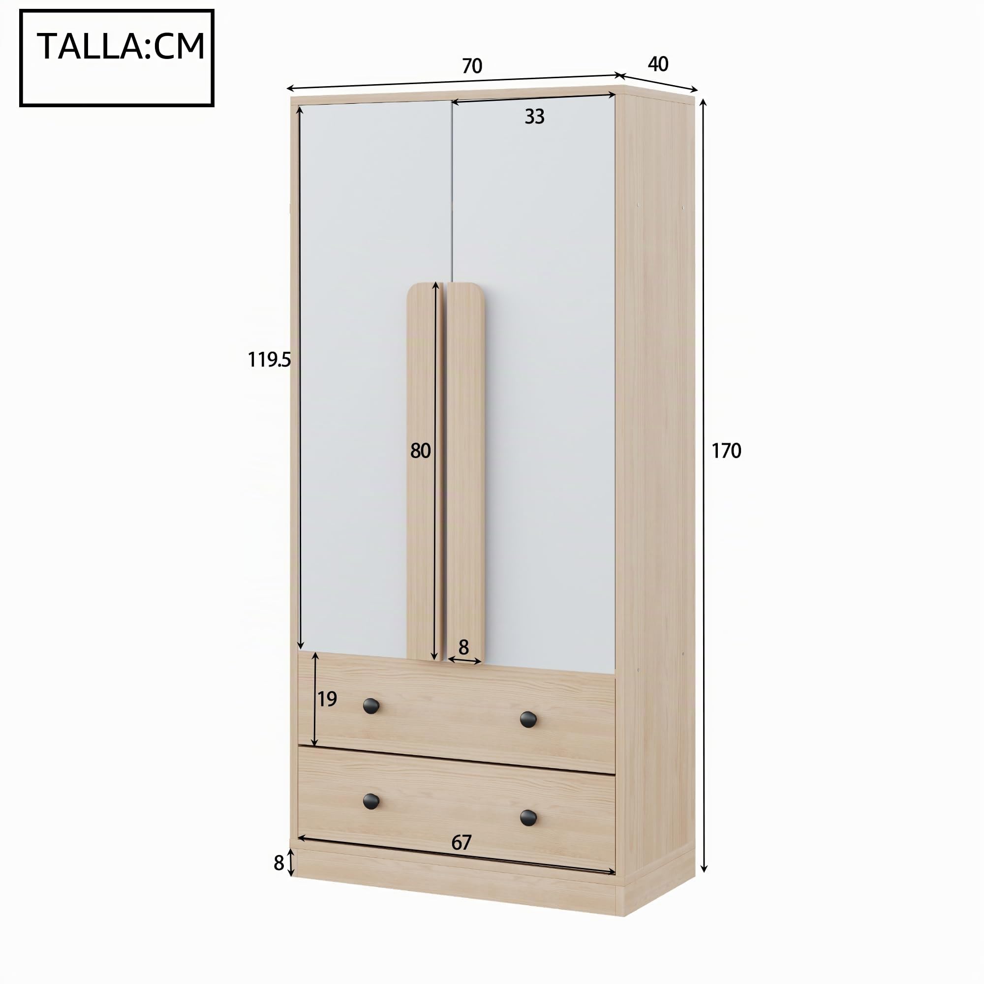 Armario 70 x 40 x 170 cm, diseño de puertas dobles, con cajones y estantes (color madera + blanco)