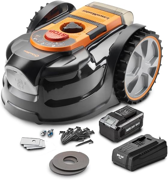 Robot tondeuse Lawnmaster sans fil périmétrique, batterie 24V 8Ah, coupe 16 cm de 20 à 60 mm, pentes 35 %