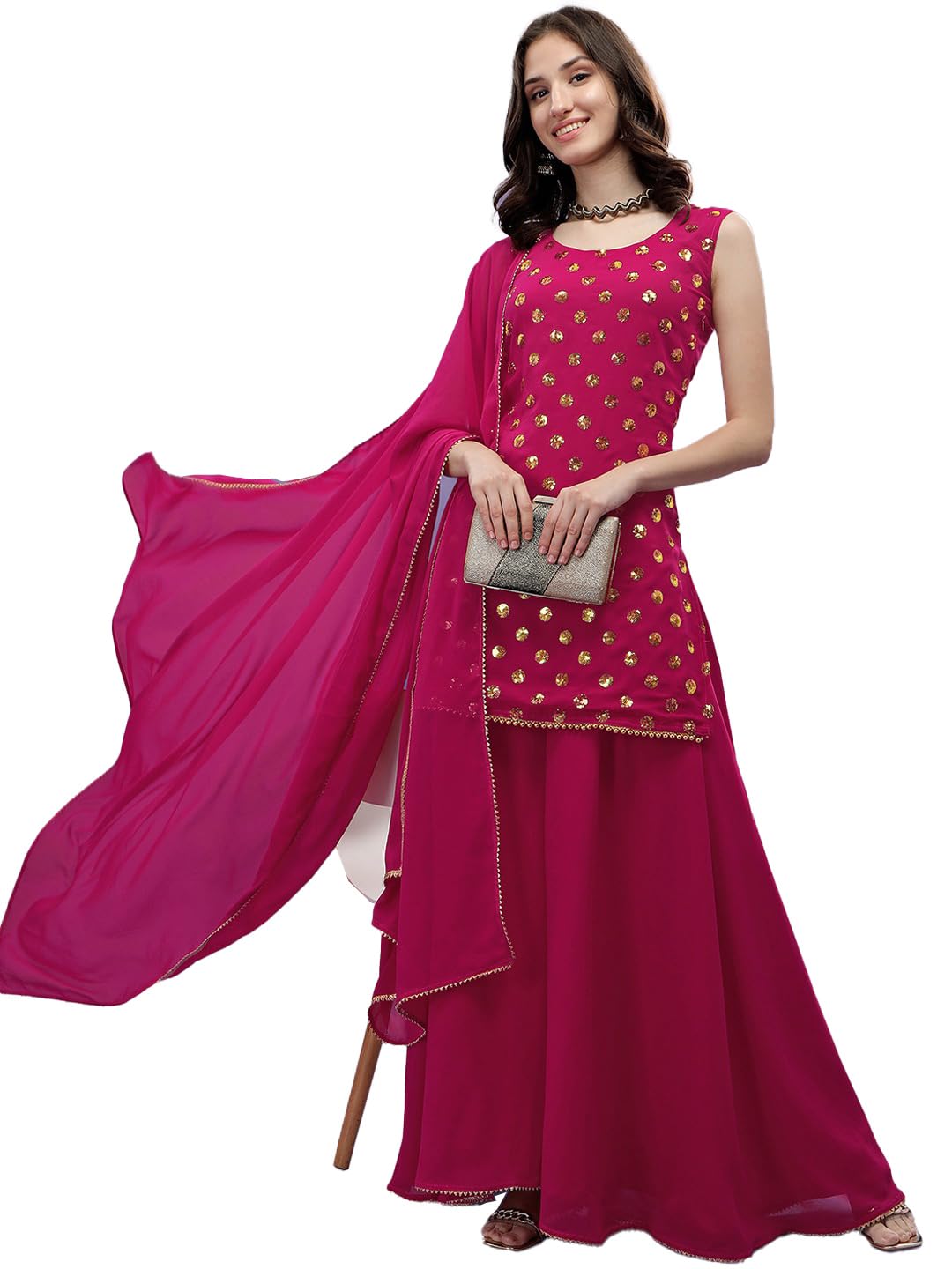 Fashion Basket Georgette Embroidered Kurta Set For Women (In, Alpha, Xl, Regular, Pink)