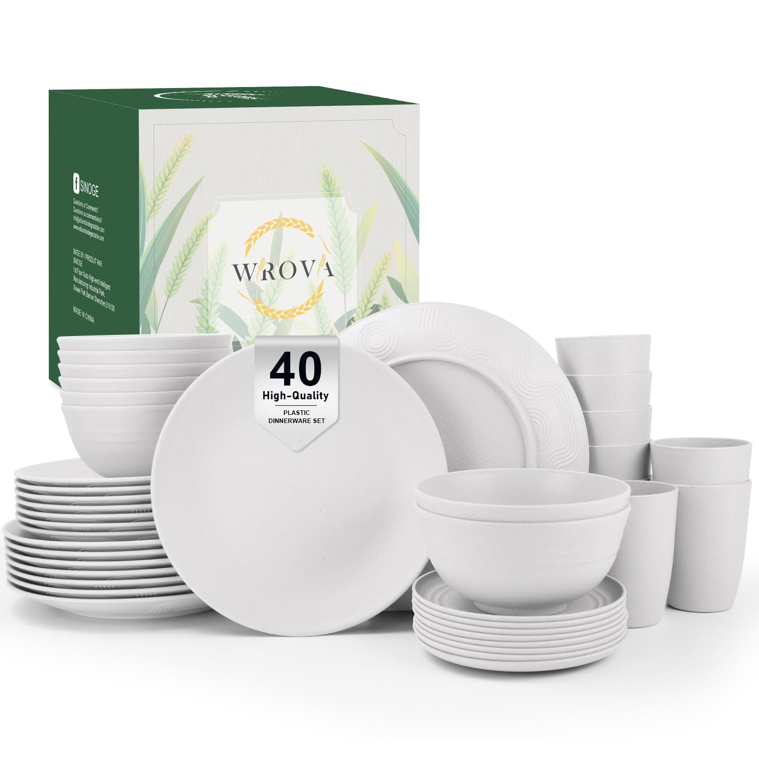Wrova 40 PCS Plastic Dinner Set | Service for 8 | Unbreakable Dishes Set Plates and Bowls Set - Dinner Plates Dessert Plates Drinking Cups Cereal Bowls Dishwasher and Microwave Safe Dishes Set - White