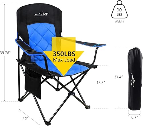 Miniatura 3 de FAIR WIND Paquete de 2 sillas de campamento totalmente acolchadas de gran tamaño, silla de campamento resistente, con brazos plegables, soporte de