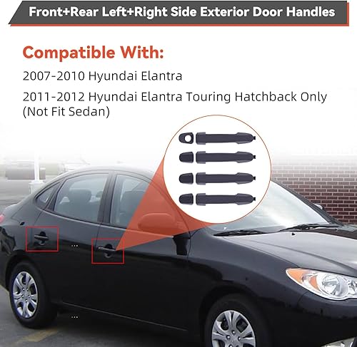 Miniatura 2 de DEAL AUTO ELECTRIC PARTS Kit de manija de puerta exterior negra, 4 piezas delantera+trasera izquierda+lado derecho, compatible con Hyundai 07-10