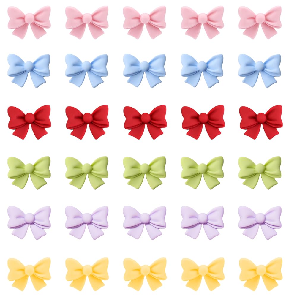 YFTRFR 30 Pcs Bow Cake Decorations, Resin Cute Coquette Themed Supplies Mini Bowknot Cupcake Toppers for Dessert Picks, Birthday Party, Bridal Engagement, Wedding Celebration(6 Color)