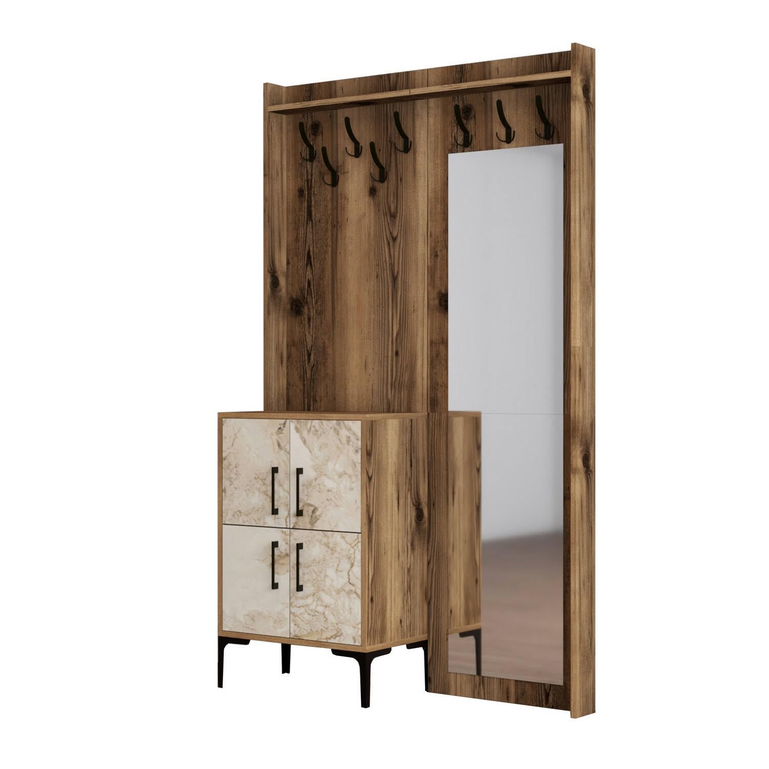 Dmora - Mobile da ingresso Pollux, Entratina appendiabiti, Composizione per atrio, Consolle portaoggetti multifunzione, 120x35h200 cm, Noce e Bianco