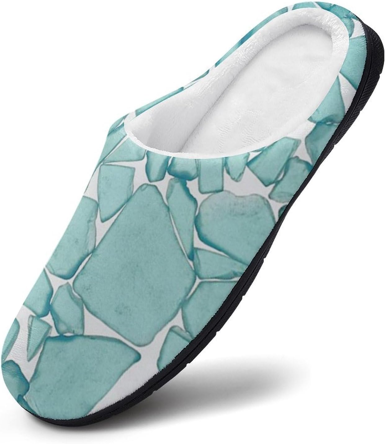 Teal Sea Glass Nautical Print Women's House Slippers Memory Foam Warm Shoes Spa Rubber Sole Indoor Outdoor