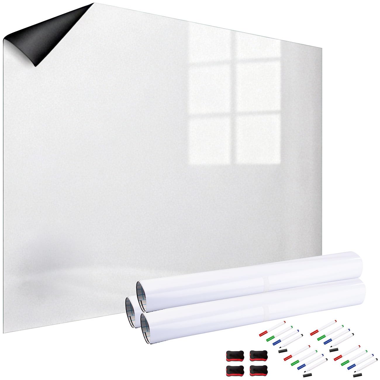 infactory Magnet Pinnwand: 4er-Set Magn. Whiteboard-Folie, selbstklebend, 4 Marker, 150 x 100 cm (Whiteboard Folie magnetisch, Magnetfolie)