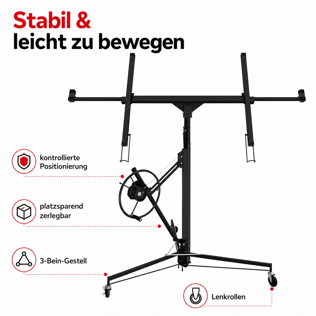 Plattenheber XXL bis 68 kg, Plattenlift für Gipskartonplatten, höhenverstellbar 1,32–3,25 m, ausziehbar 1,25–2,95 m, 360° drehbar, 60° neigbar, Trockenbau Montagehilfe, Schwarz