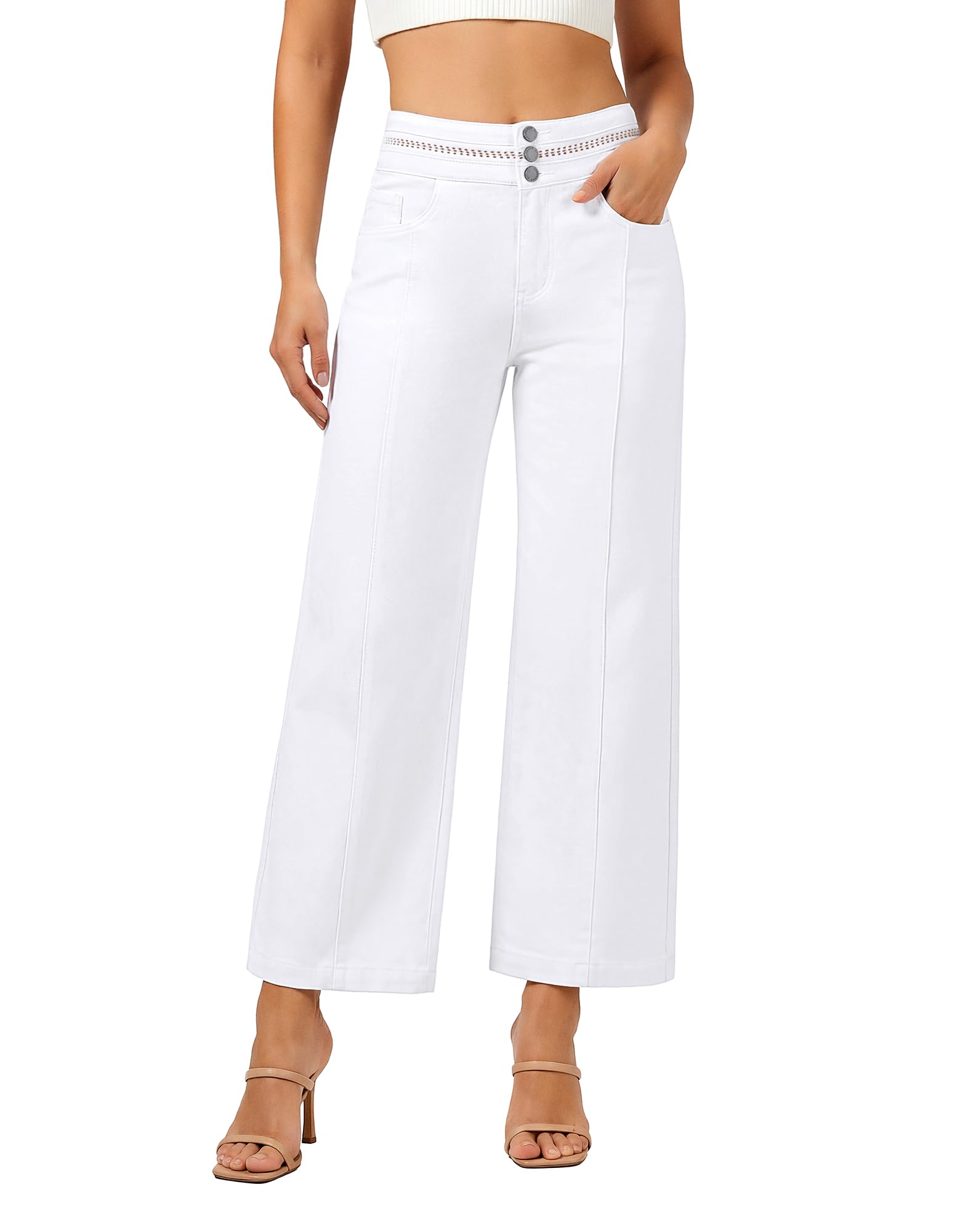 roswear Women's Wide Leg Petite Jeans High Waisted Stretchy Cropped Denim Pants