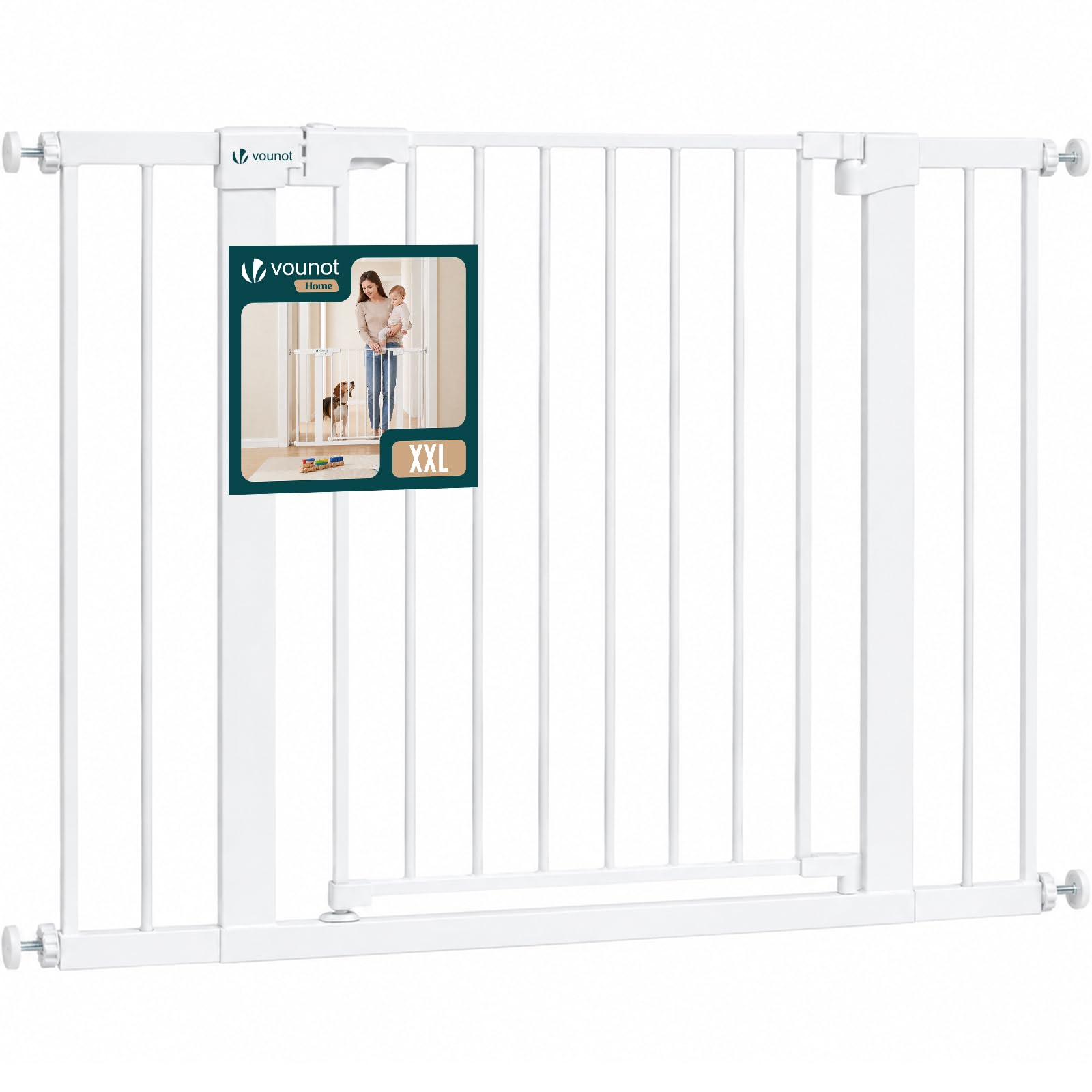 VOUNOT® Cancelletto di Sicurezza per Bambini in Metallo 103-110 cm, Barriera per Scale a Pressione Senza Foratura Altezza 76 cm, Chiusura Automatica con Doppio Blocco, Apertura Bidirezionale, Bianco